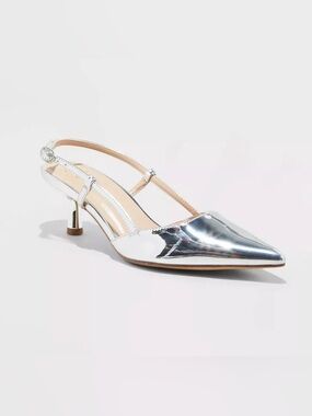 a new day Silver Pointed Toe Slingback Kitten Heels